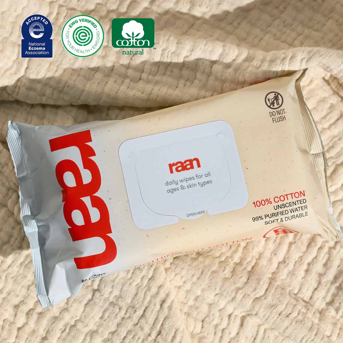 UNBLEACHED, 100% COTTON WATER WIPES. 60 COUNT PACKS