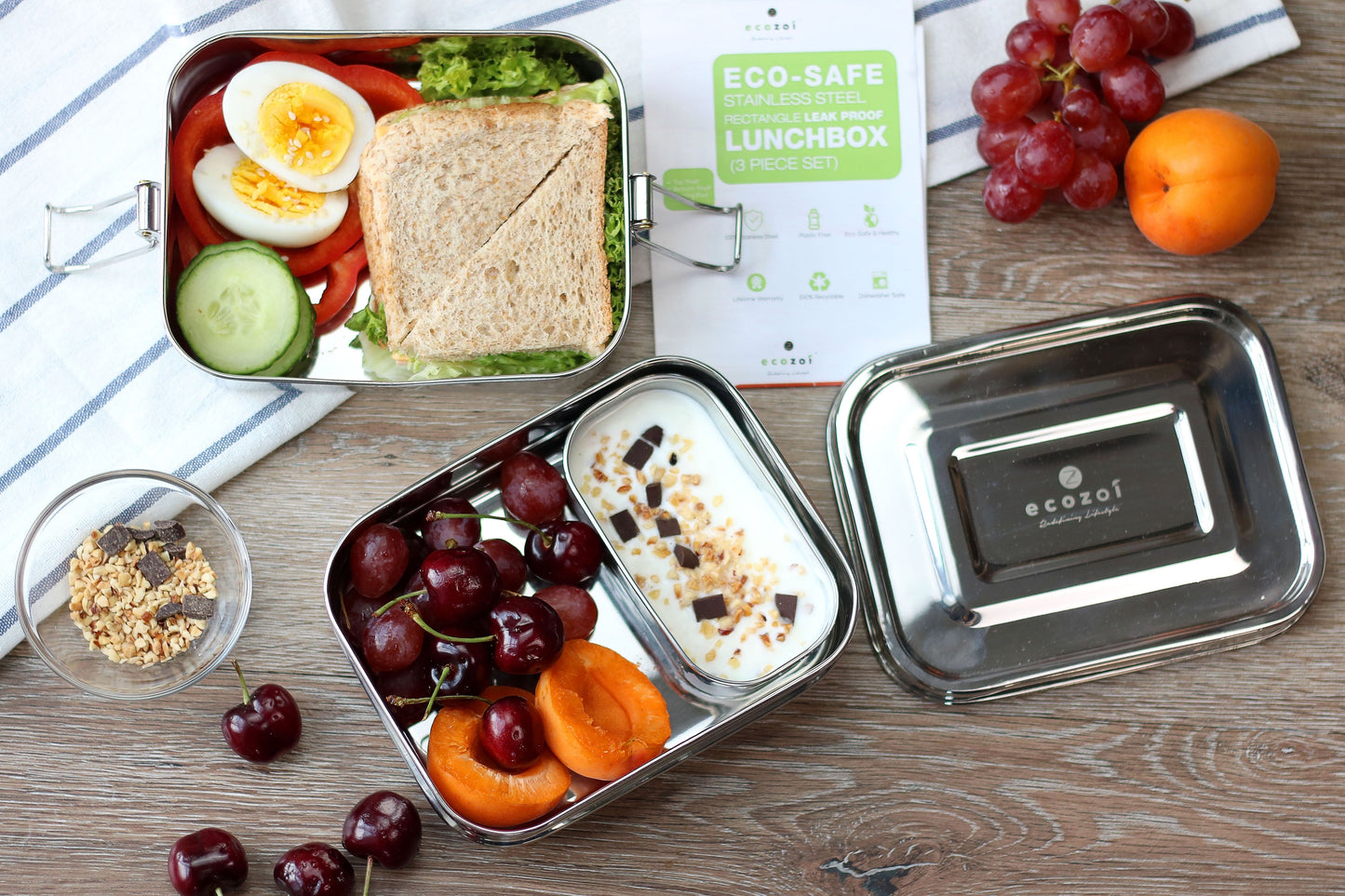 Ecozoi Stainless Steel Bento Lunch Box for Kids and Adults, 2 Tier Leak Proof, 60 oz