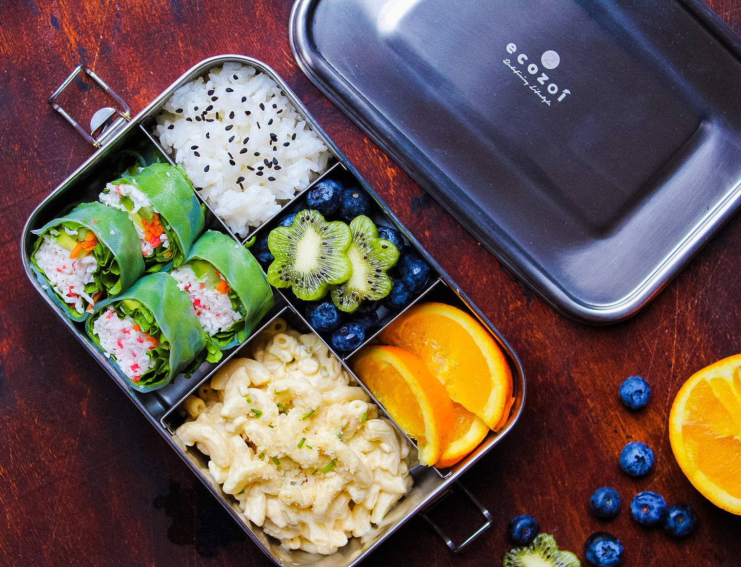 Ecozoi Stainless Steel Lunch Box for Kids and Adults, 5 Compartment, Solid Print, Leak Proof, 50 oz