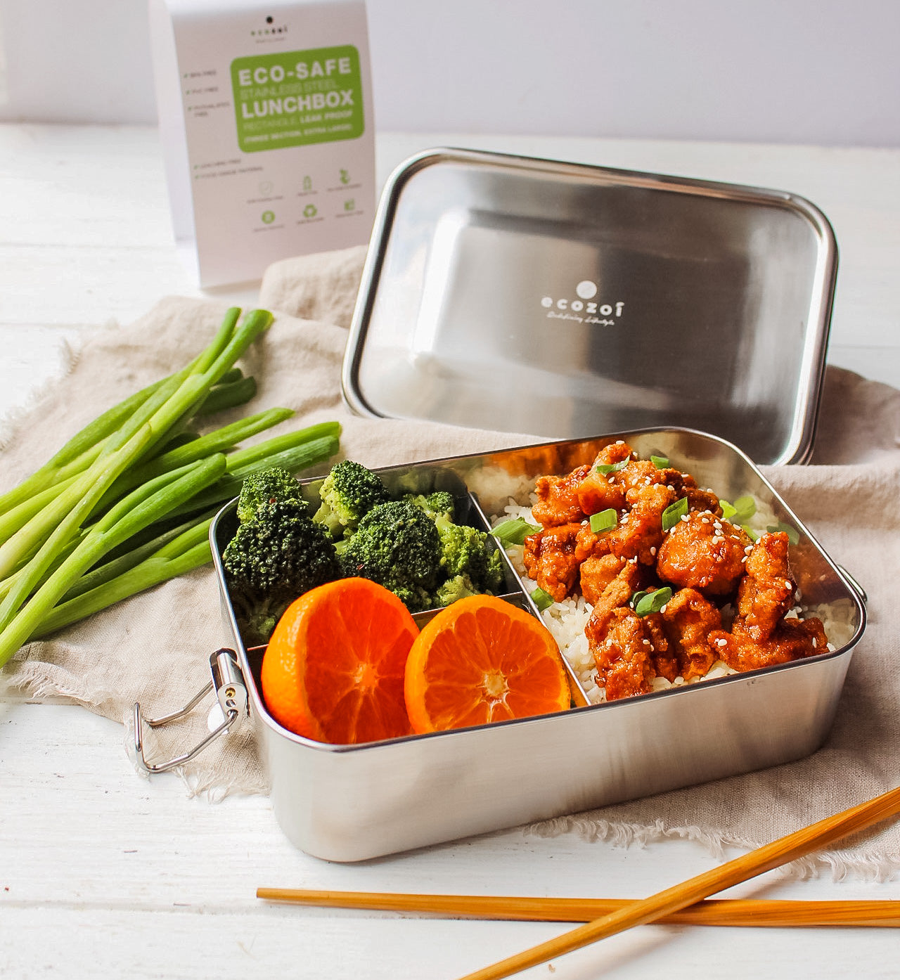 Ecozoi Stainless Steel Bento Lunch Box, 3 Compartment Tiffin Containers, Leakproof, 50 Oz