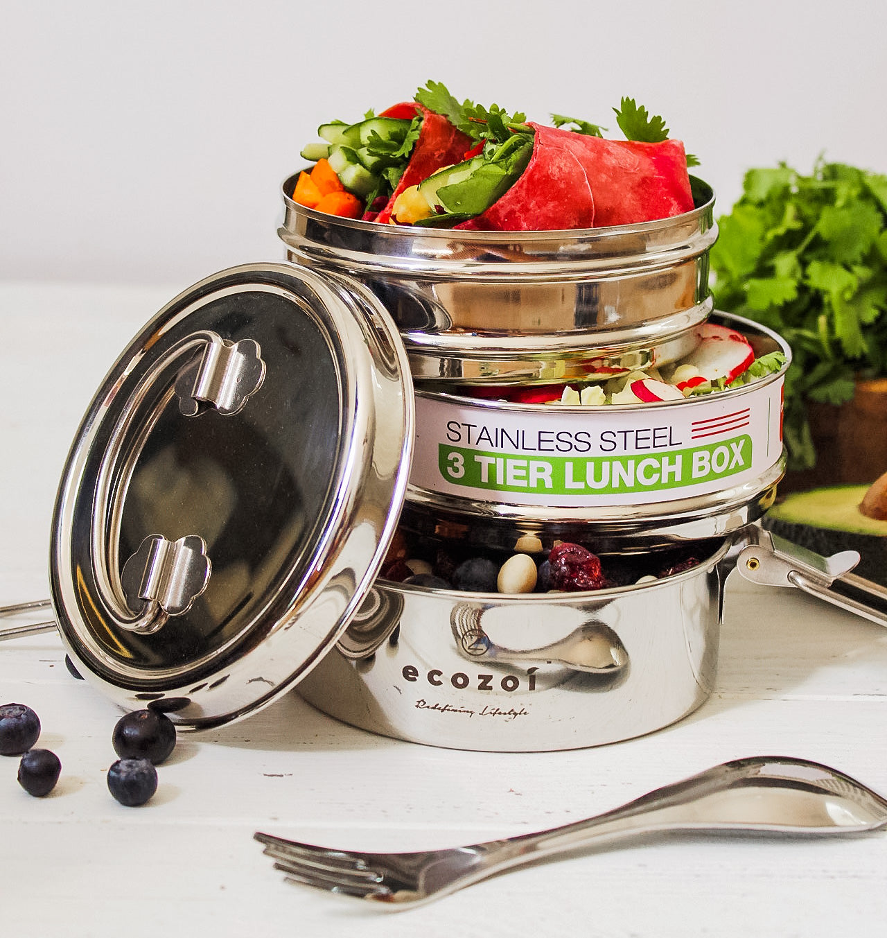 Ecozoi Stainless Steel Lunch Box for School and Office, 3 Tier Round with Spork, Leakproof, 40 Oz