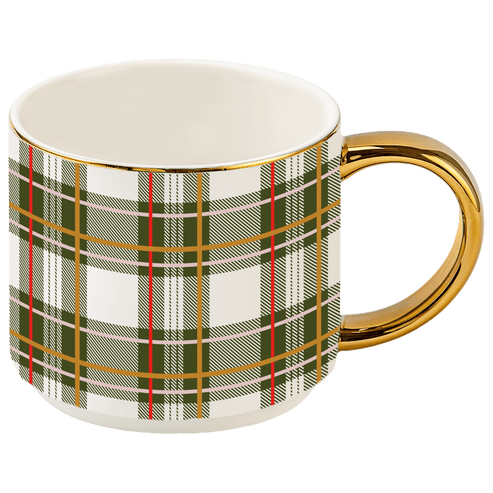 Green Plaid 14 oz Gold Handle Coffee Mug