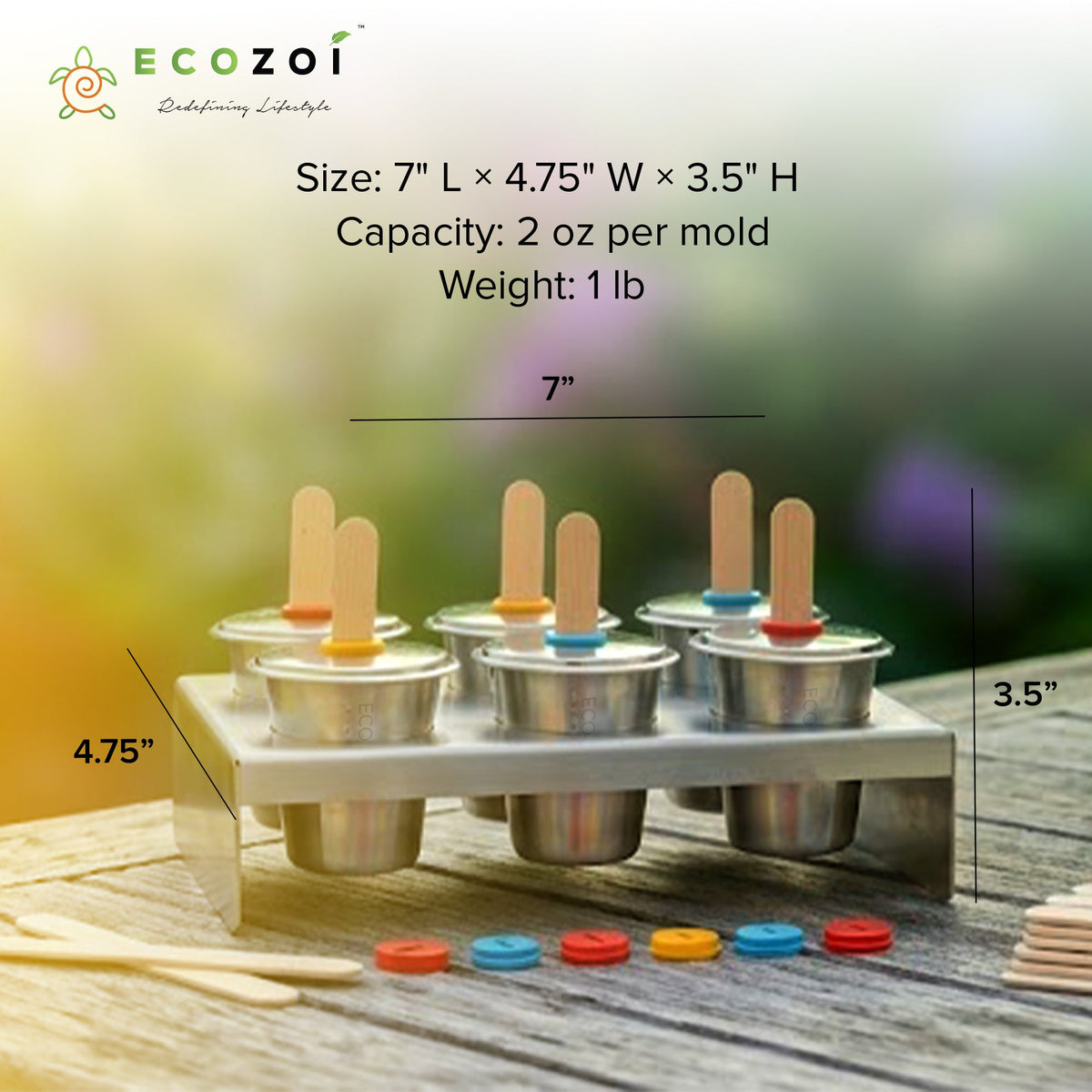 Ecozoi Stainless Steel Ice Pop Molds, 6 Mini Rounds withReusable Bamboo Sticks