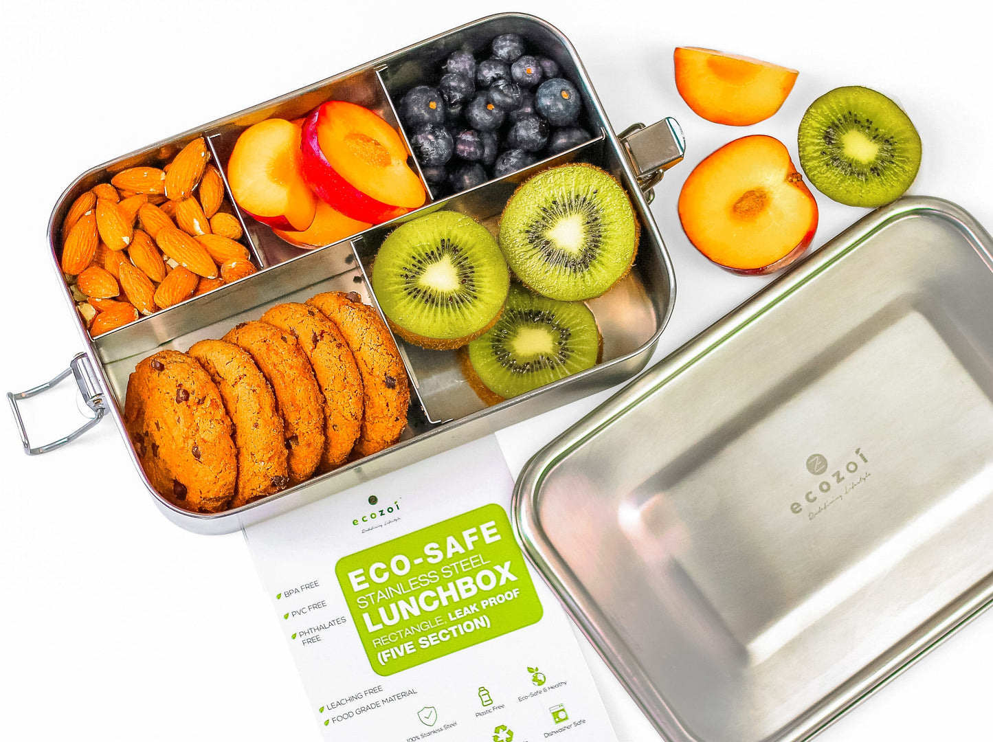 Ecozoi Stainless Steel Lunch Box for Kids and Adults, 5 Compartment, Solid Print, Leak Proof, 50 oz