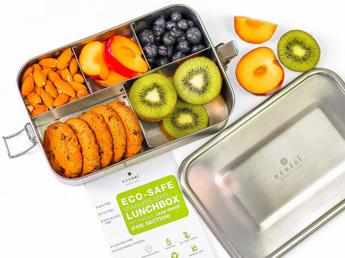 Ecozoi Stainless Steel Lunch Box for Kids and Adults, 5 Compartment, Solid Print, Leak Proof, 50 oz