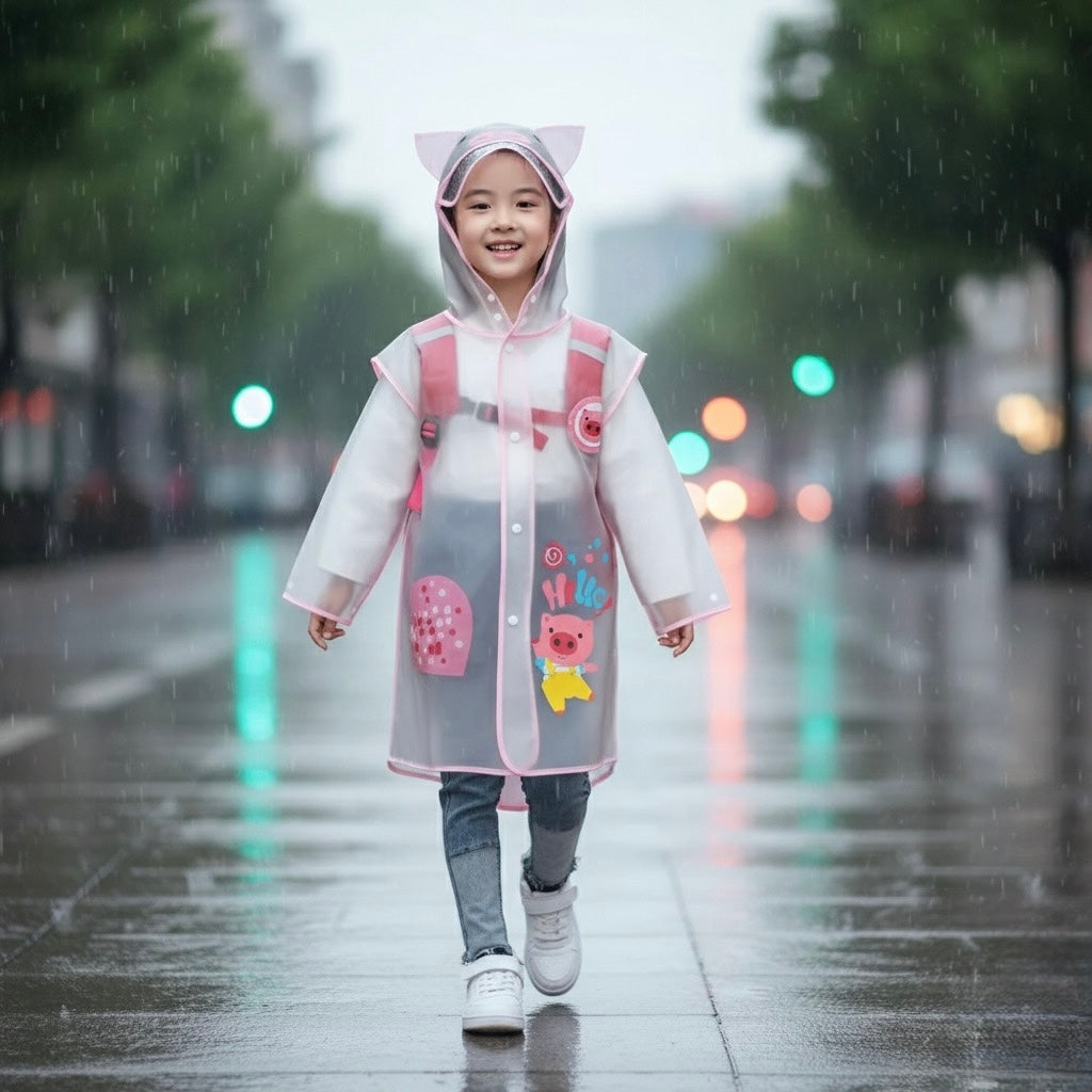 Ozznek Kids Clear Waterproof Raincoat – Transparent Backpack-Friendly Rain Jacket with Hood & Visor