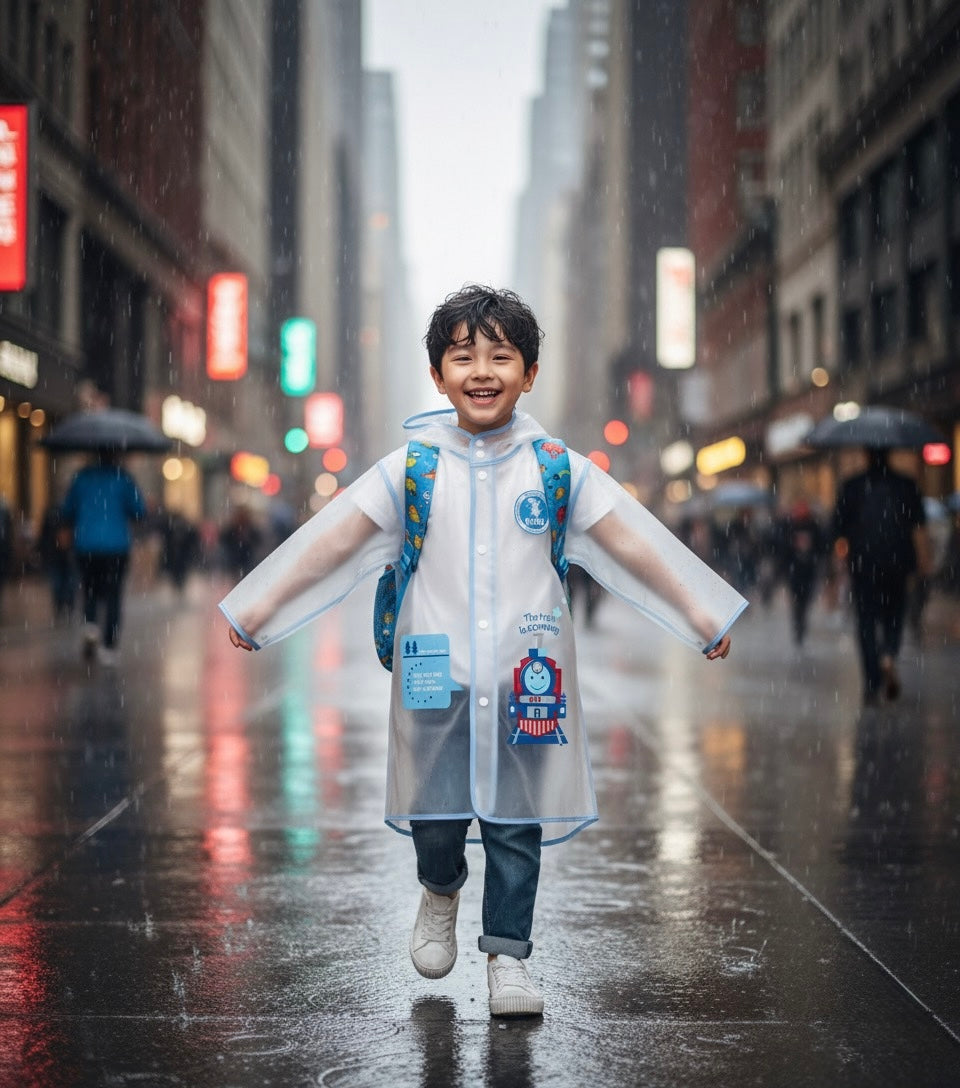 Ozznek Kids Clear Waterproof Raincoat – Transparent Backpack-Friendly Rain Jacket with Hood & Visor