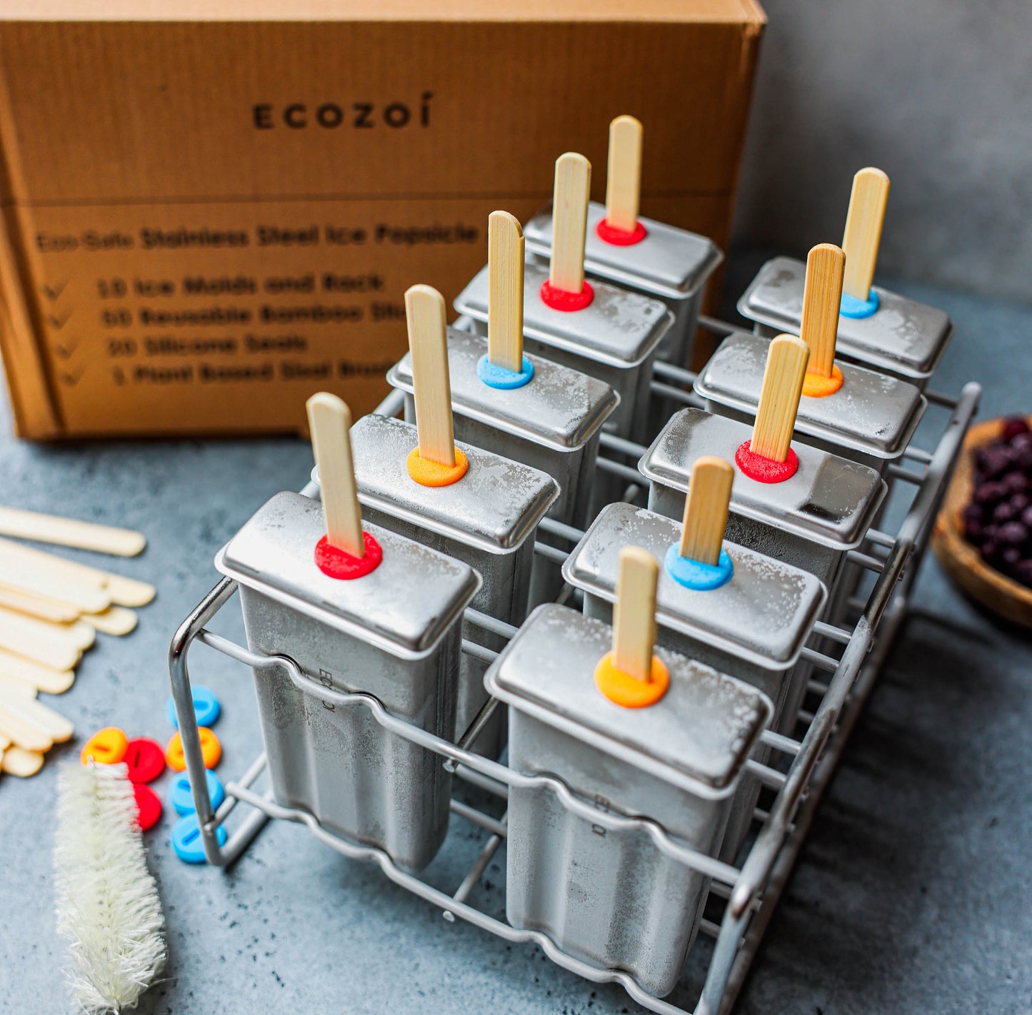 Ecozoi Stainless Steel Popsicle Molds with Sticks, Reusable, Bamboo, 50 Count, 10 Square