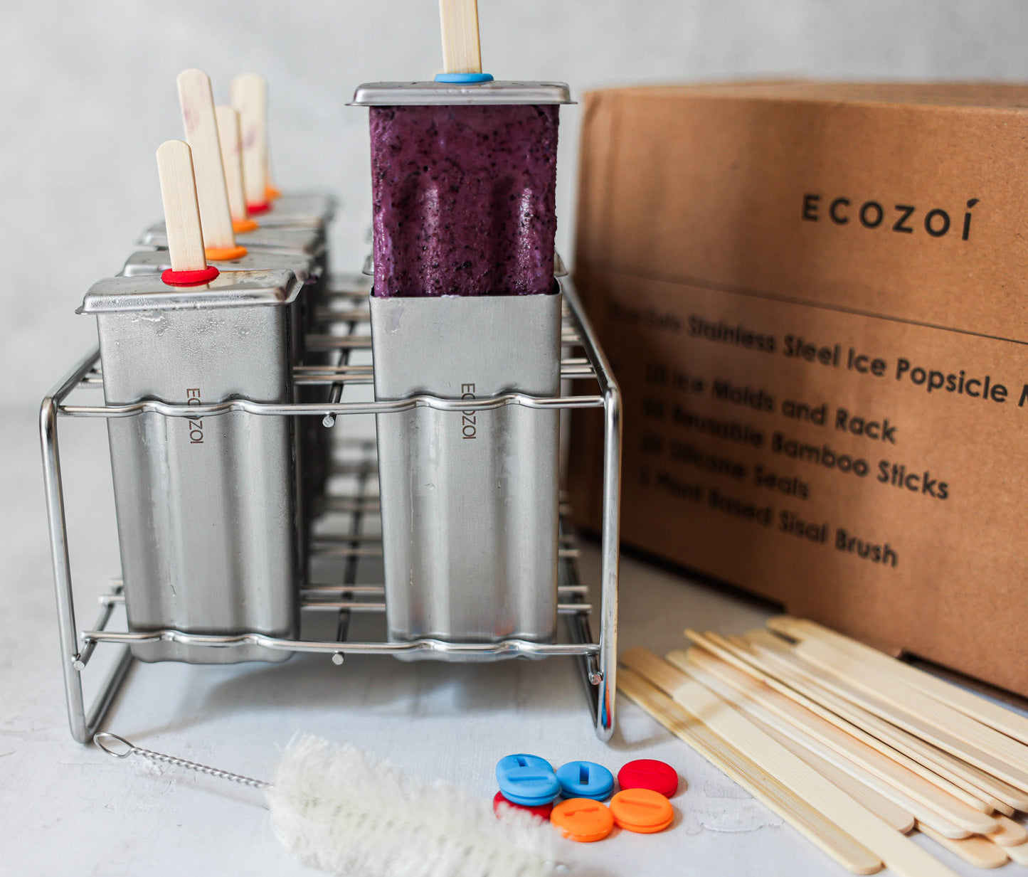 Ecozoi Stainless Steel Popsicle Molds with Sticks, Reusable, Bamboo, 50 Count, 10 Square