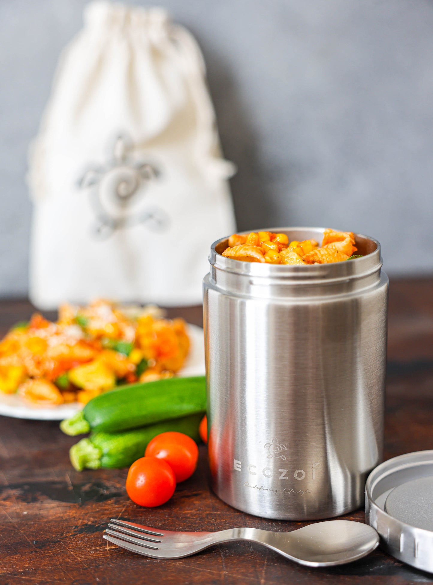 Ecozoi Stainless Steel Thermos Food Jar, Insulated Container with Spork and Lunch Bag, 17 oz