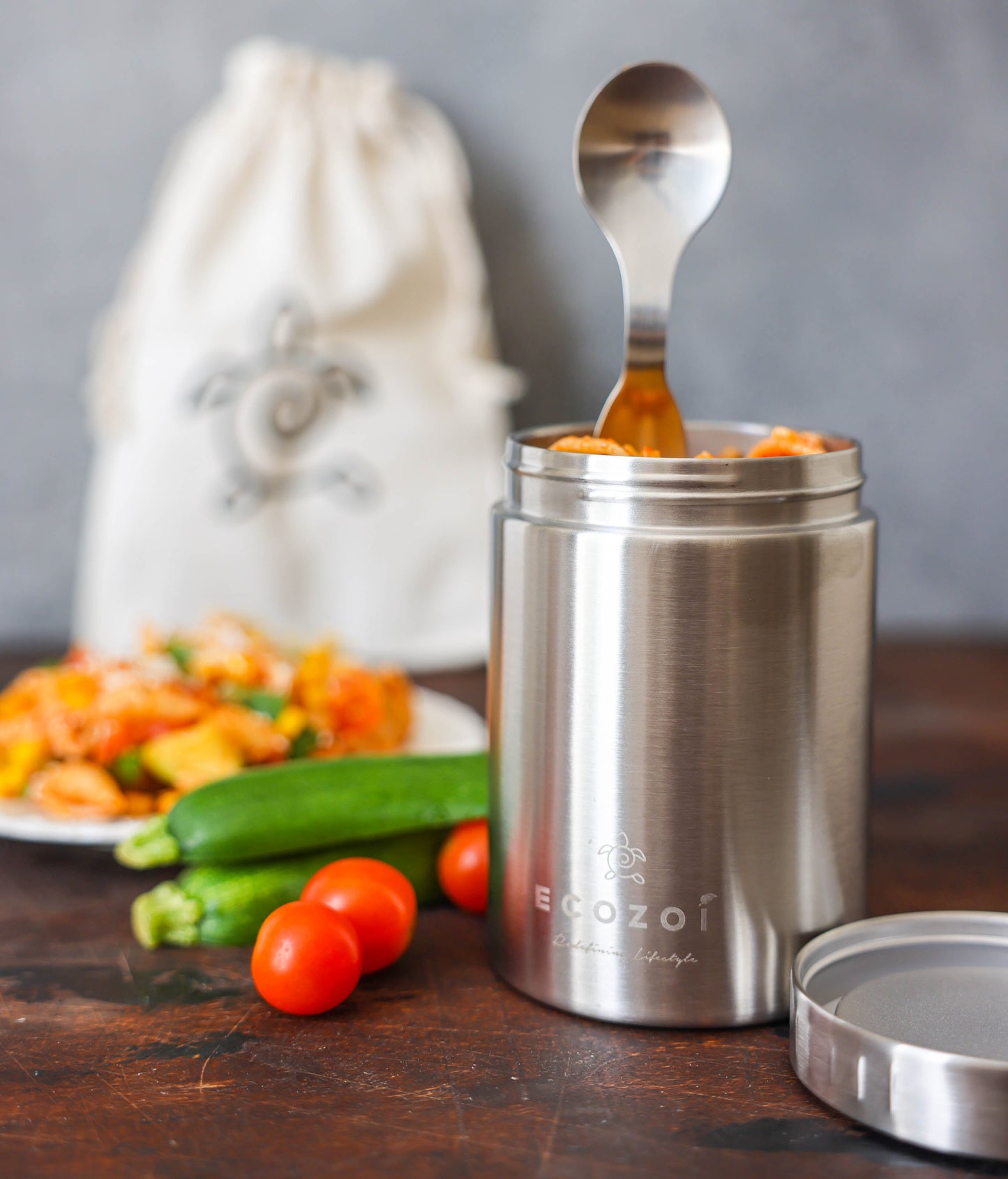 Ecozoi Stainless Steel Thermos Food Jar, Insulated Container with Spork and Lunch Bag, 17 oz