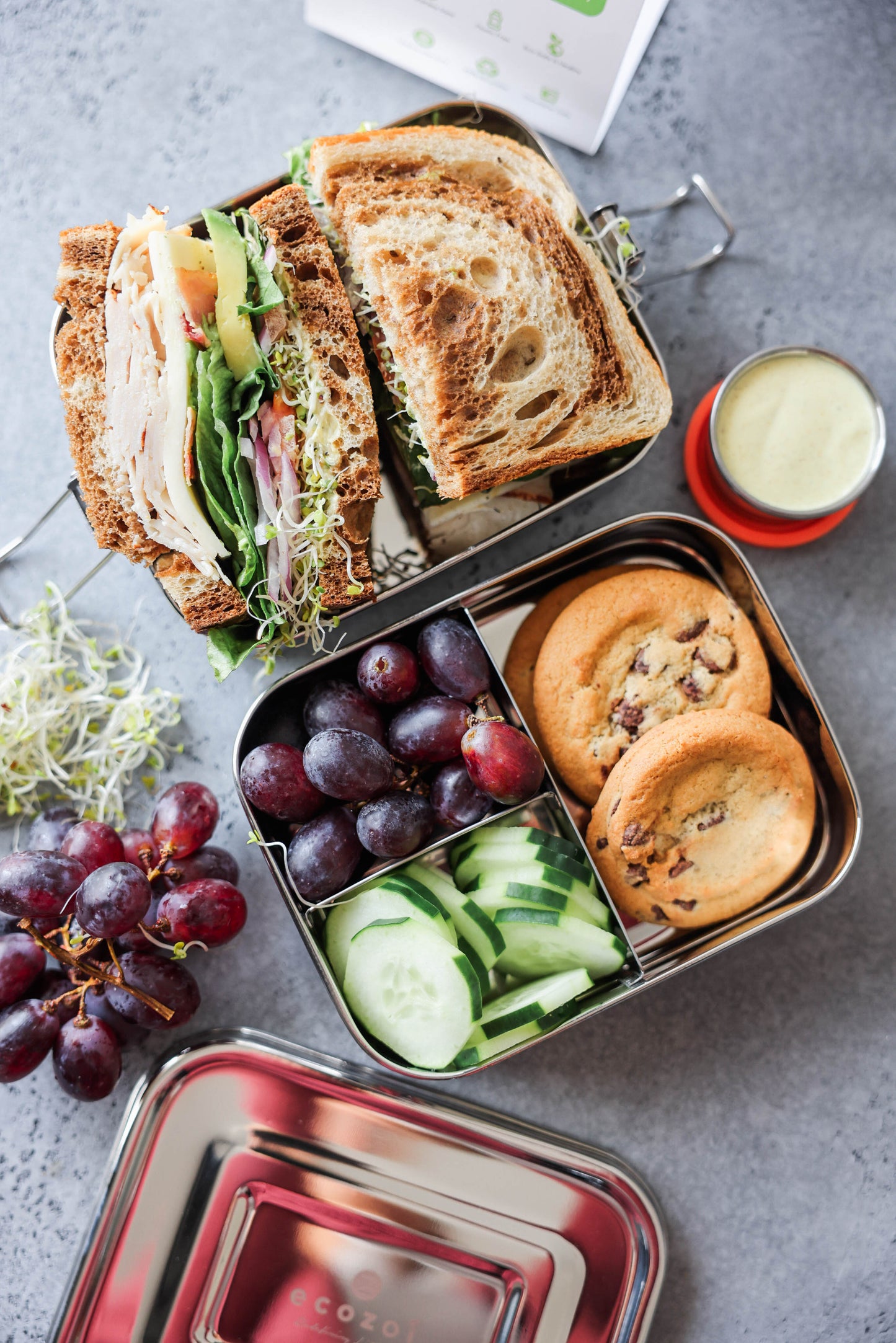 Ecozoi Stainless Steel Bento Lunch Box for Kids and Adults, 3 Compartment, 2 Tier Leak Proof, 60 oz
