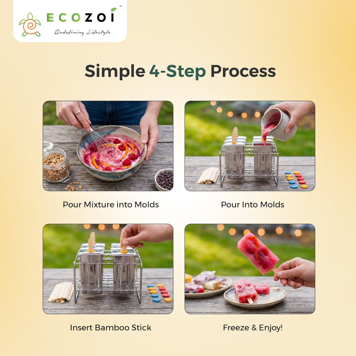 Ecozoi Stainless Steel Ice Pop Molds, Square Shape with Reusable Bamboo Sticks