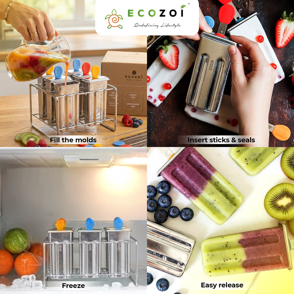 Ecozoi Stainless Steel Ice Pop Molds and Rack, Ice Cream Molds with Reusable Stainless Steel Sticks