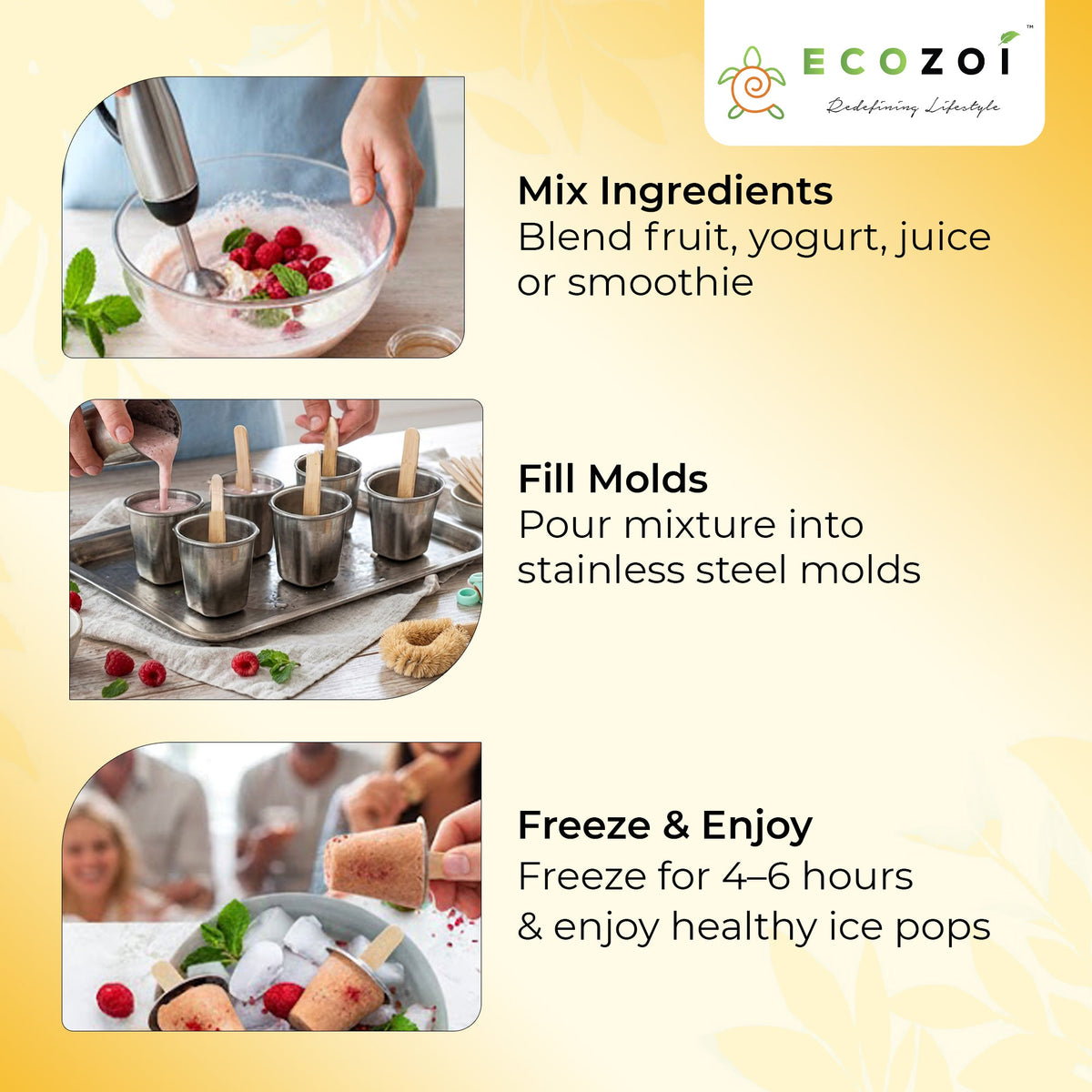 Ecozoi Stainless Steel Ice Pop Molds, 6 Mini Rounds withReusable Bamboo Sticks