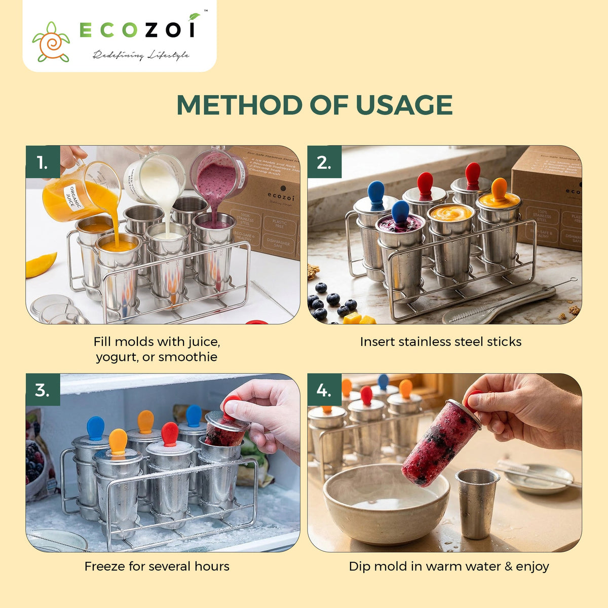 Ecozoi Stainless Steel Ice Pop Molds and Rack, Ice Cream Molds and Rounds with Reusable Stainless Steel Sticks