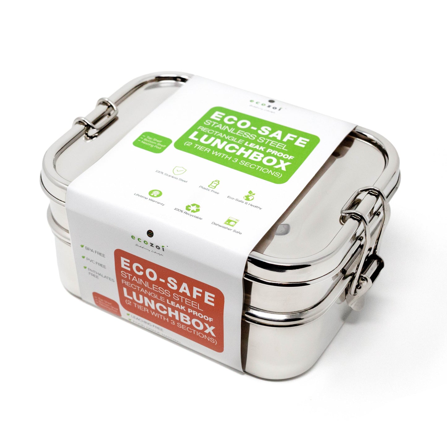 Ecozoi Stainless Steel Bento Lunch Box for Kids and Adults, 3 Compartment, 2 Tier Leak Proof, 60 oz