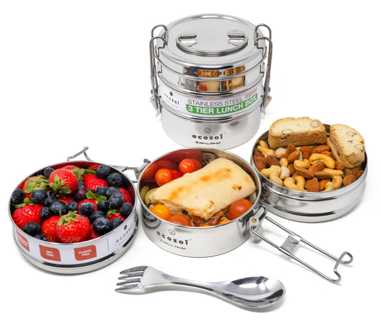 Ecozoi Stainless Steel Lunch Box for School and Office, 3 Tier Round with Spork, Leakproof, 40 Oz
