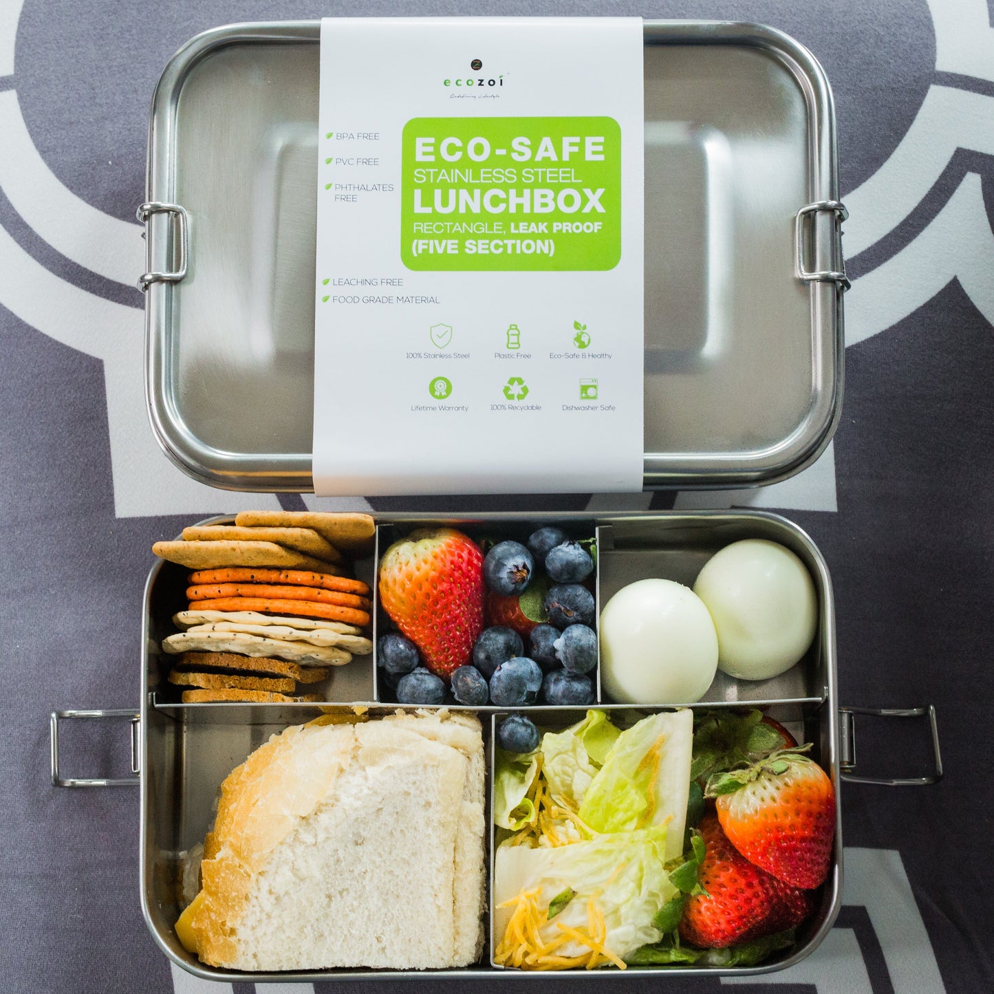 Ecozoi Stainless Steel Lunch Box for Kids and Adults, 5 Compartment, Solid Print, Leak Proof, 50 oz
