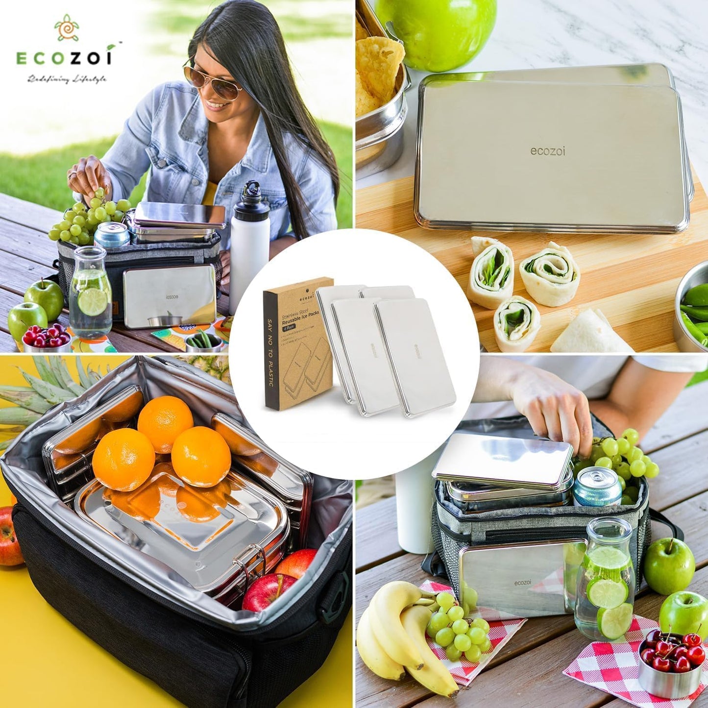 Ecozoi Stainless Steel Ice Packs for Lunch Boxes, Freezer Packs, Reusable, 2 Pack