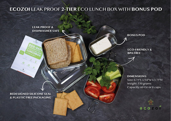 Ecozoi Stainless Steel Bento Lunch Box for Kids and Adults, 2 Tier Leak Proof, 60 oz