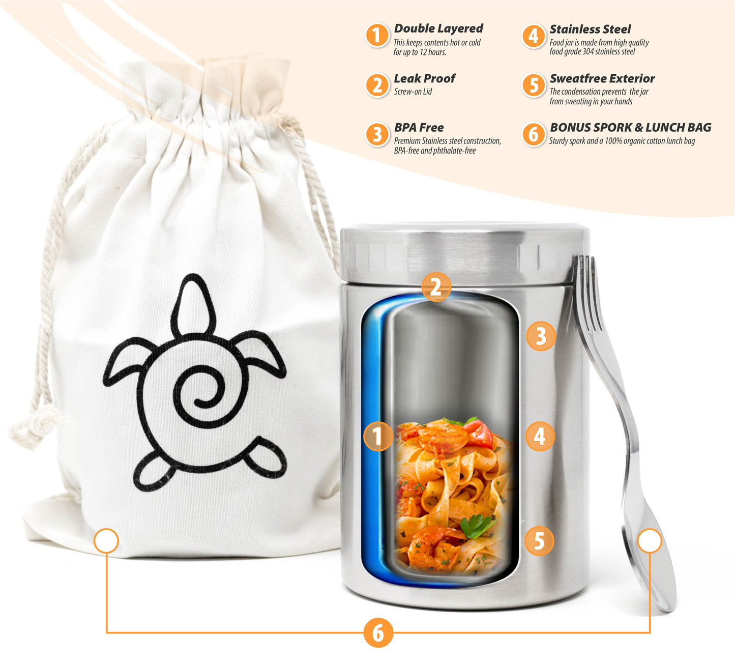 Ecozoi Stainless Steel Thermos Food Jar, Insulated Container with Spork and Lunch Bag, 17 oz