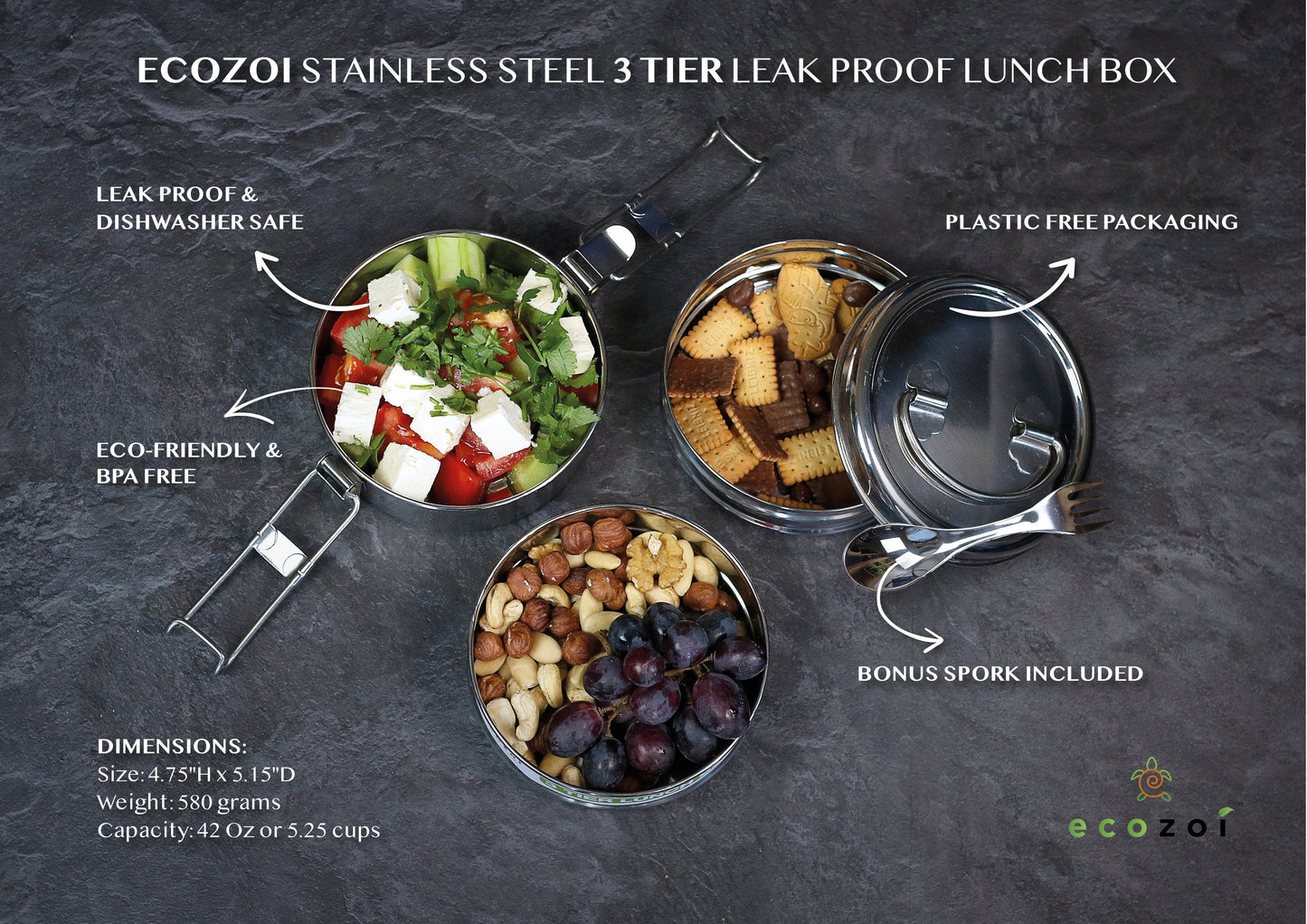 Ecozoi Stainless Steel Lunch Box for School and Office, 3 Tier Round with Spork, Leakproof, 40 Oz