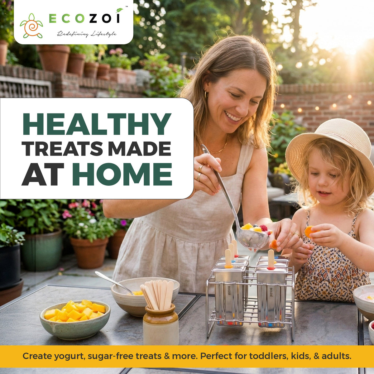 Ecozoi Stainless Steel Ice Pop Molds, Square Shape with Reusable Bamboo Sticks