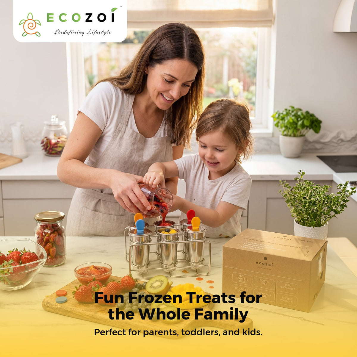 Ecozoi Stainless Steel Ice Pop Molds and Rack, Ice Cream Molds and Rounds with Reusable Stainless Steel Sticks