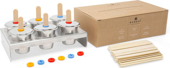 Ecozoi Stainless Steel Ice Pop Molds, 6 Mini Rounds withReusable Bamboo Sticks