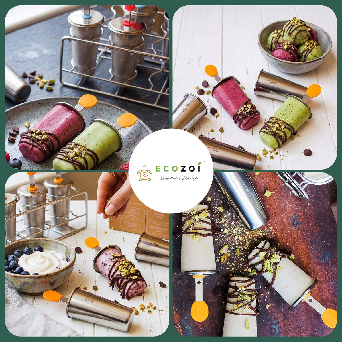 Ecozoi Stainless Steel Ice Pop Molds and Rack, Ice Cream Molds and Rounds with Reusable Stainless Steel Sticks