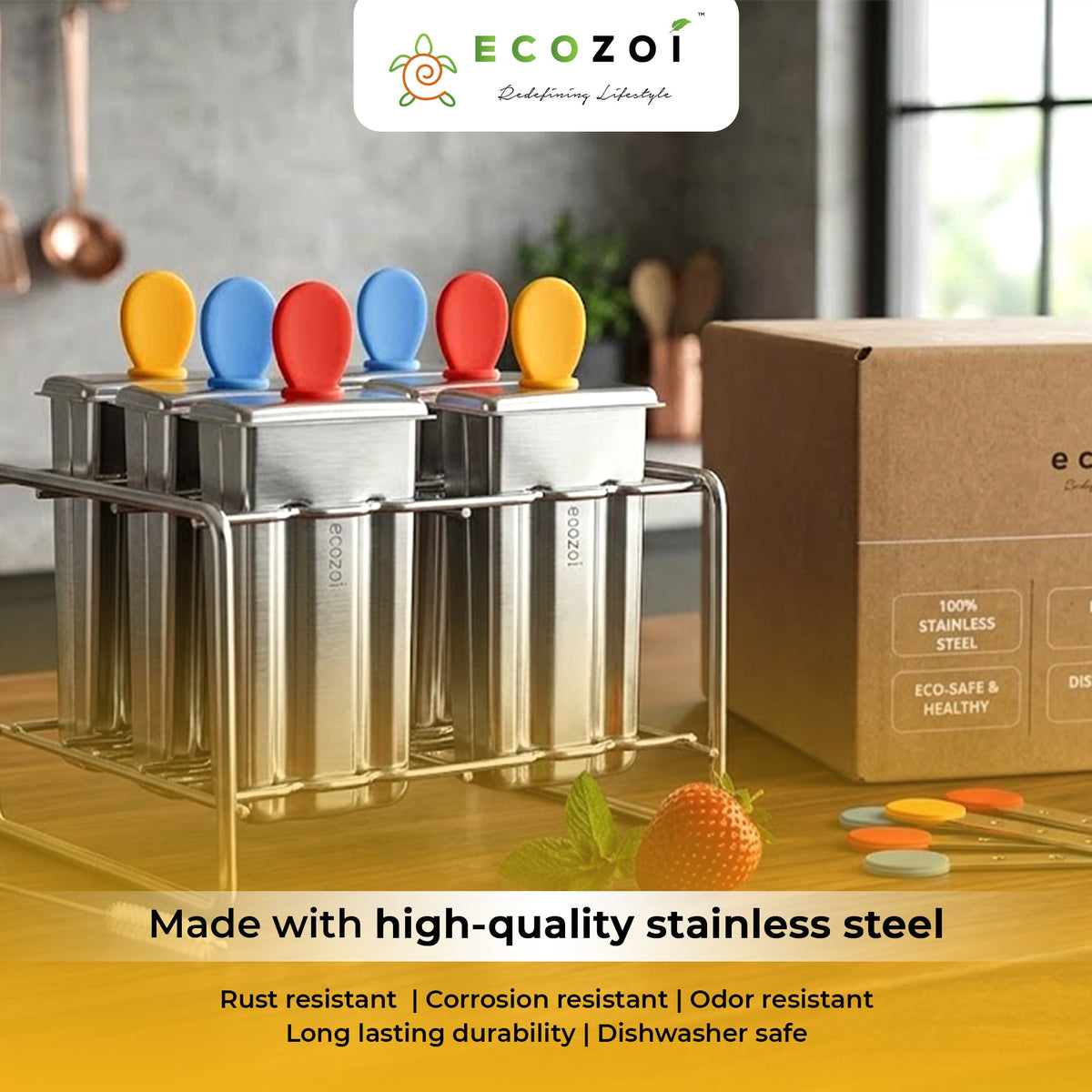 Ecozoi Stainless Steel Ice Pop Molds and Rack, Ice Cream Molds with Reusable Stainless Steel Sticks