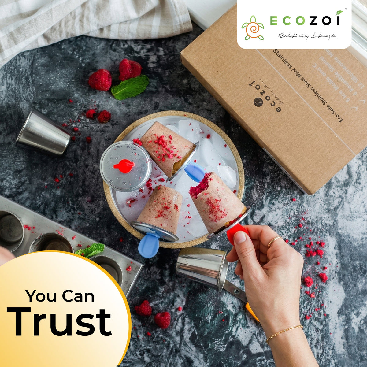 Ecozoi Stainless Steel Ice Pop Molds, 6 Mini Rounds withReusable Bamboo Sticks