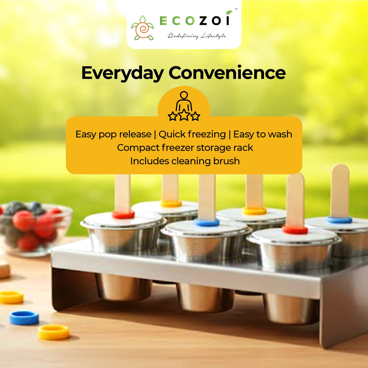 Ecozoi Stainless Steel Ice Pop Molds, 6 Mini Rounds withReusable Bamboo Sticks