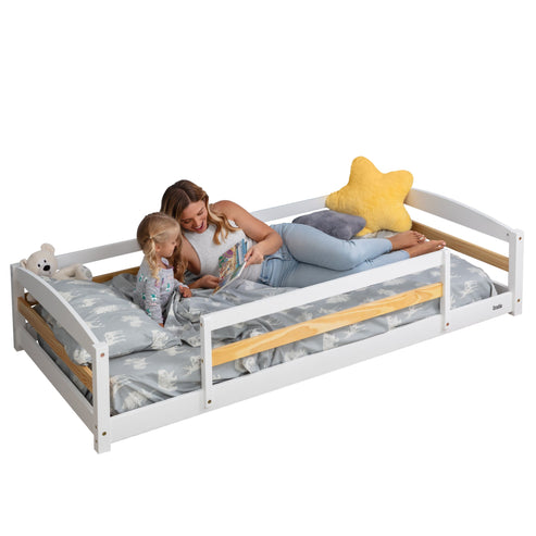 Twin Size Montessori-Inspired Floor Bed with Safety Guardrails for Kids