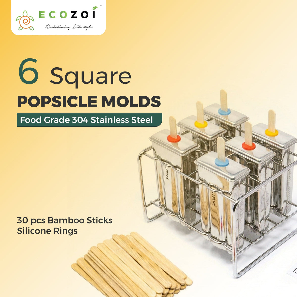 Ecozoi Stainless Steel Ice Pop Molds, Square Shape with Reusable Bamboo Sticks