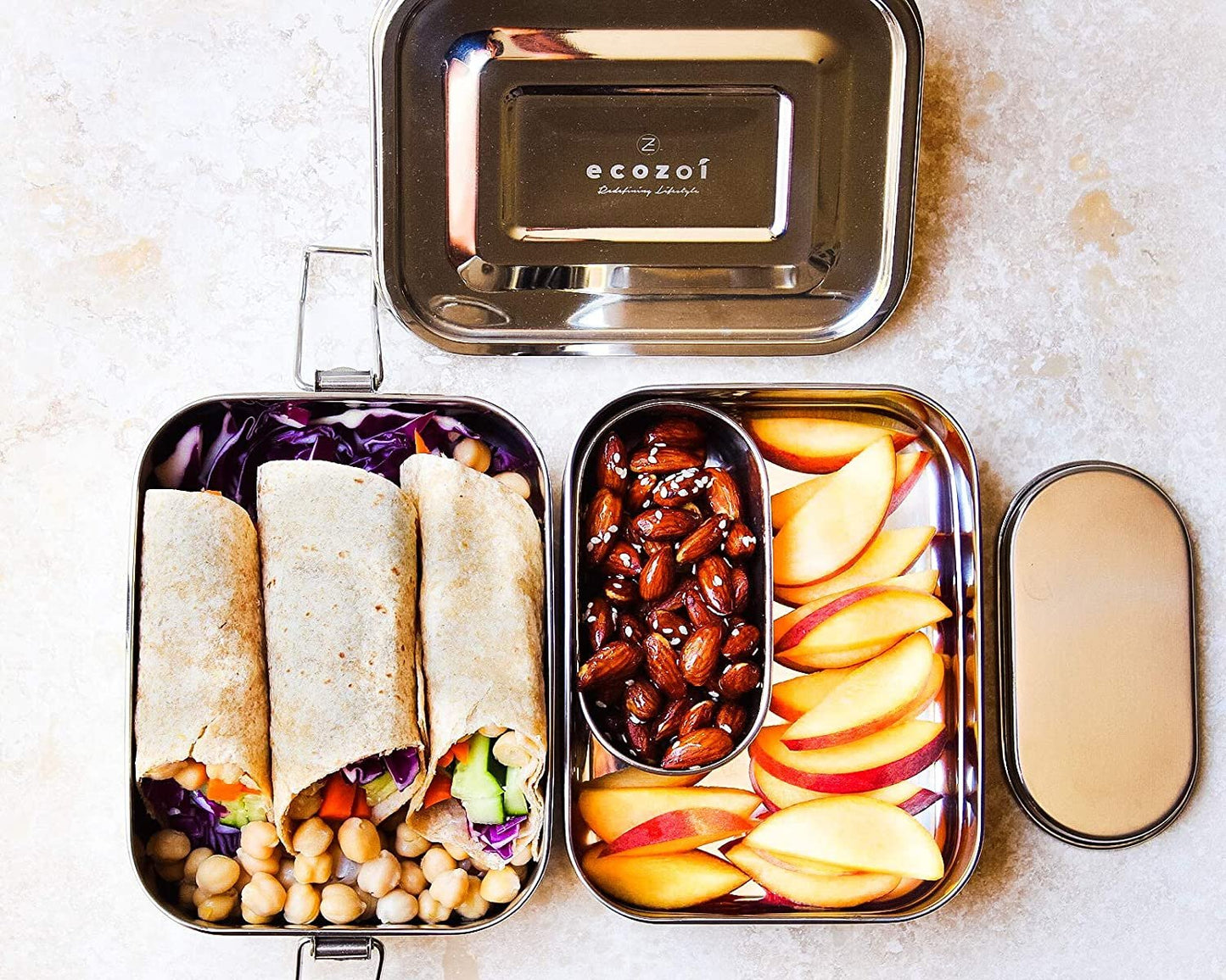 Ecozoi Stainless Steel Bento Lunch Box for Kids and Adults, 2 Tier Leak Proof, 60 oz