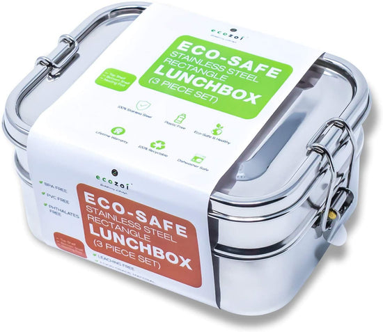 Ecozoi Stainless Steel Bento Lunch Box for Kids and Adults, 2 Tier Leak Proof, 60 oz