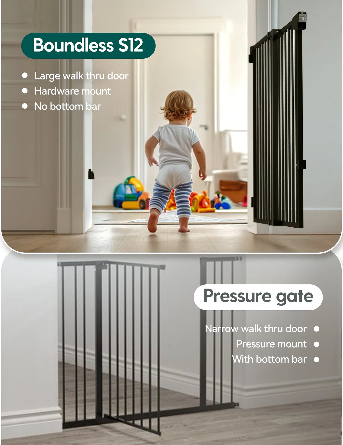Boundless S12 | Ultra-Stable No Bottom Bar Baby Gate for Stairs