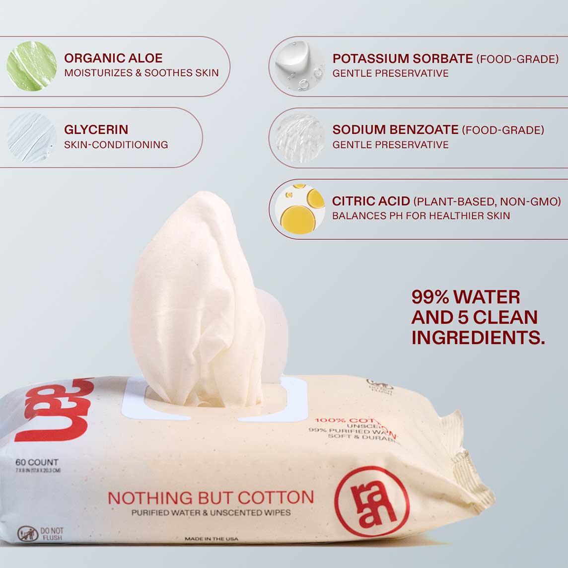 UNBLEACHED, 100% COTTON WATER WIPES. 60 COUNT PACKS